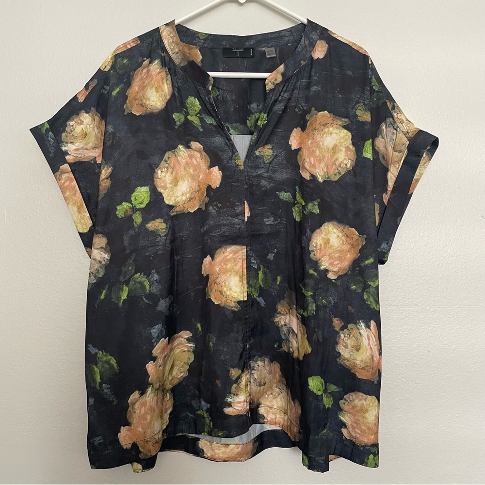 Tahari Floral Blouse Women’s Plus Size 2X Black Yellow Floral Short Sleeve Top